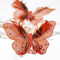 Orange Burlap and Feather Artificial Butterflies