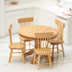 Dollhouse Miniature Oak Round Table and Chair Set