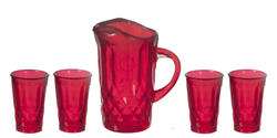 Dollhouse Miniature Red Pitcher with Four Glasses