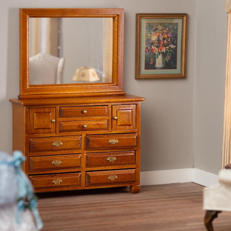 Dollhouse Miniature Walnut Dresser With Mirror Bedroom