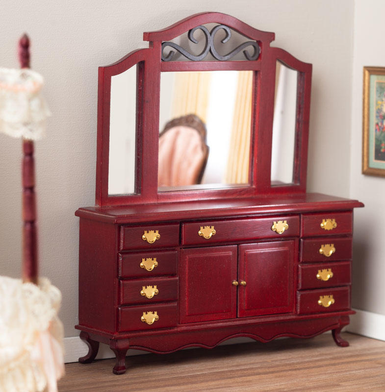 Dollhouse Miniature Mahogany Dresser With Mirror Bedroom