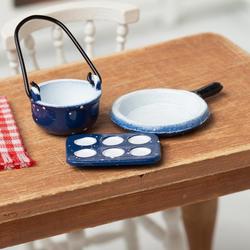 Dollhouse Miniature Blue Enamel Cookware Set