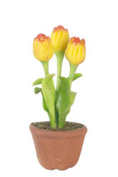 Dollhouse Miniature Potted Yellow And Red Tipped Tulips