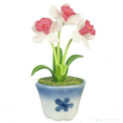 Dollhouse Miniature Pink and White Daffodils Flower Pot