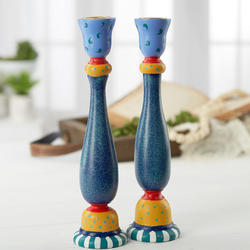Vintage Inspired Blue Hand-painted Taper Candle Holders