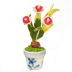 Dollhouse Miniature Red and White Daffodils Flower Pot