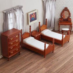 Dollhouse Miniature Wood Twin Bed with Floral Fabric and Night Stand Walnut 