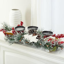 Frosted Artificial Pine and Berry Three Tier Candle Holder