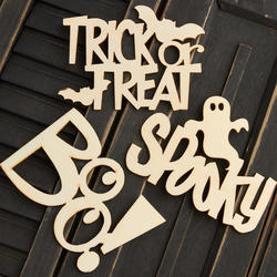 Unfinished Trick or Treat Halloween Laser Wood Cut out Shape 5 x 3.25 in 