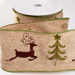 Natural Burlap Reindeer and Christmas Tree Wired Ribbon
