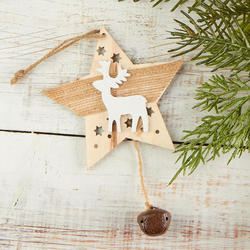 Wooden Star Ornament with Reindeer and Jingle Bell