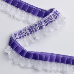 Ruffled Purple Ribbon on White Lace Trim