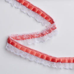 Ruffled Coral Ribbon on White Lace Trim