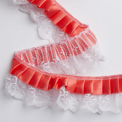 Ruffled Coral Ribbon on White Lace Lace Trim