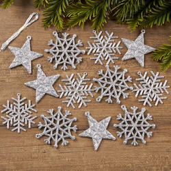 Silver Sparkling Snowflake and Star Ornaments