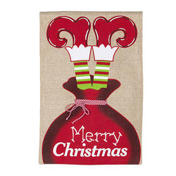 "Merry Christmas" Elf Legs Burlap Garden Flag