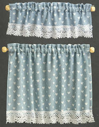Dollhouse Miniature Blue Cottage Curtains Set with White Hearts