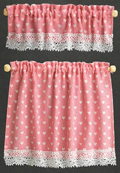 Dollhouse Miniature Pink Cottage Curtain Set with White Hearts