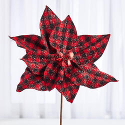 Shimmering Black and Red Plaid Artificial Poinsettia Pick