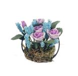 Dollhouse Miniature Lavender Roses In Wire Basket