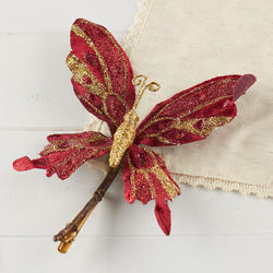 Burgundy Glittered Artificial Butterfly Pick