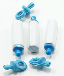 Dollhouse Miniature Blue Baby Bottles and Pacifiers Set