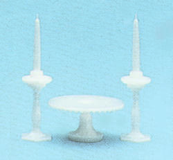 Dollhouse Miniature White Cake Plate and Candlesticks Set