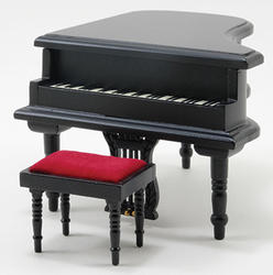 Dollhouse Miniature Black Baby Grand Piano with Stool