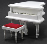 Dollhouse Miniature White Baby Grand Piano with Stool