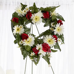 Premade Red & White Silk Flower Heart Easel Cemetery Arrangement