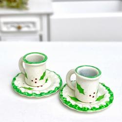 Dollhouse Miniature Holly Plates and Mugs