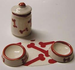 Dollhouse Miniature Pet Bowls, Canister, Mat - Red