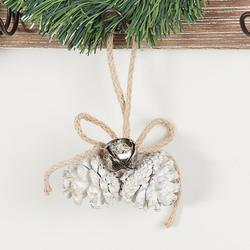 White Shimmering Tipped Pinecone and Bell Ornament