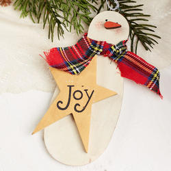Rustic "Joy" Wooden Snowman Ornament