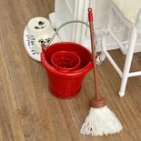 Dollhouse Miniature Floor Mop with Red Ringer Bucket