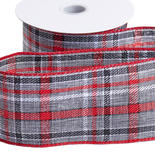 Grey and Red Tartan Plaid Wired Ribbon