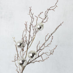 Artificial Iced Twig and Silver Ornaments Spray