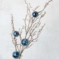Artificial Iced Twig and Blue Ornaments Spray