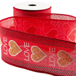 Gold Hearts "Love" Wired Edge Ribbon