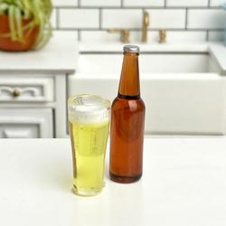 Dollhouse Miniature Beer Bottle w/ Glass of Beer