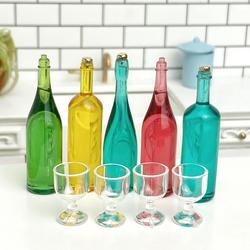Dollhouse Miniature Wine and Champagne Bottles with Glasses