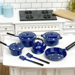 Dollhouse Miniature Blue Spatter Metal Cookware Set