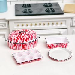 Dollhouse Miniature Red Flow Baking Pan Set