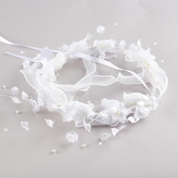 White Rose Bud Pearl and Ribbons Crown
