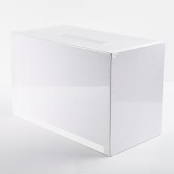 White Fabric Covered Ribbon Trimmed Card Box with Bottom Door