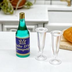 Dollhouse Miniature Champagne Bottle and Flutes