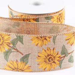 Tan Chambray Sunflowers Wired Ribbon