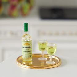 Miniature White Wine Bottle and 2 Glasses Serving Tray