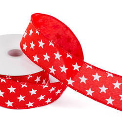 Red Ribbon with Printed White Stars Wired Ribbon