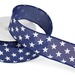 Blue Ribbon with Printed White Stars Wired Ribbon